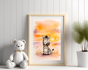 Jungle Animals Watercolor Nursery Wall Art - Zebra