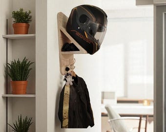 Support mural casque moto en bois – Porte casque, veste et gants | Rangement casque moto artisanal - Personnalisable