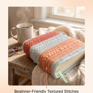 May include: A rectangular book cover featuring alternating horizontal stripes of coral and light gray yarn with textured stitches. The cover includes a light green ribbon bookmark. Text on the image reads: Beautiful Protection for Your Favorite Stories, Beginner-Friendly Textured Stitches, and Download PDF Pattern.