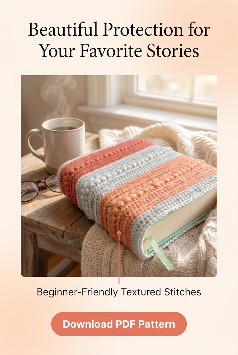 May include: A rectangular book cover featuring alternating horizontal stripes of coral and light gray yarn with textured stitches. The cover includes a light green ribbon bookmark. Text on the image reads: Beautiful Protection for Your Favorite Stories, Beginner-Friendly Textured Stitches, and Download PDF Pattern.