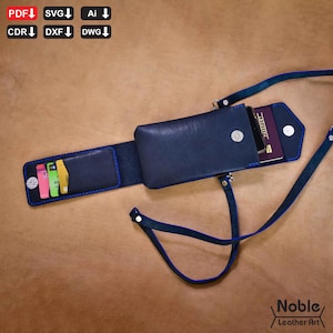 May include: A navy blue leather crossbody wallet with a blue strap. The wallet has a snap closure and a section for cards. A passport is visible inside the wallet. The text "PDF, SVG, Ai, CDR, DXF, DWG" is in the upper left corner.
