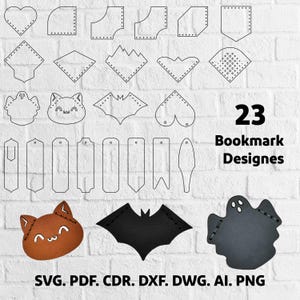 Op de afbeelding: Afbeelding met 23 boekenleggerontwerpen in verschillende vormen, waaronder harten, diamanten, vleermuizen en geesten. De tekst "23 Bookmark Designes" is zichtbaar, samen met bestandsopties: SVG, PDF, CDR, DXF, DWG, AI en PNG.