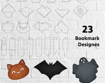Könnte beinhalten: Ein Bild mit 23 Lesezeichen-Designs in verschiedenen Formen, darunter Herzen, Diamanten, Fledermäuse und Geister. Der Text "23 Bookmark Designes" ist sichtbar, zusammen mit Dateiformatoptionen: SVG, PDF, CDR, DXF, DWG, AI und PNG.