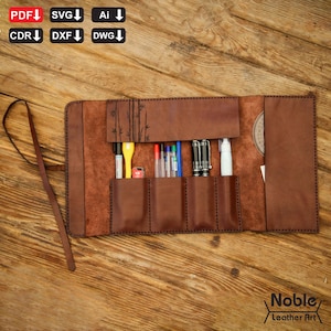 roll up pencil case pattern, leather pencil holder svg & pdf, DIY leather pen pouch, handmade pencil wrap template, easy sewing gift