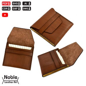 May include: Three brown leather cardholders are shown, one open to display white cards. The cardholders have a flap closure and stitched edges. The logo "Noble Leather Art" is in the lower left corner.