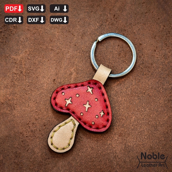 mushroom keychain pattern, leather keyring template, DIY svg & pdf, fun leather craft, magic mushroom gift, handmade keychain design