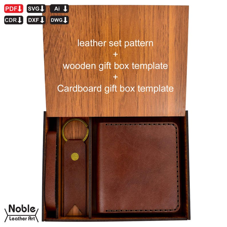 May include: A brown leather gift set including a wallet, keychain, and card holder, presented in a wooden box. The box lid displays text: "leather set pattern + wooden gift box template + Cardboard gift box template". The Noble Leather Art logo is visible.