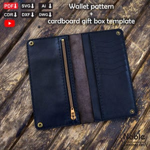 May include: Open black leather wallet with a gold zipper and multiple card slots. The wallet is on a wooden surface. Text on the image reads "Wallet pattern + cardboard gift box template."