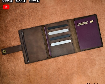 May include: Open brown leather passport wallet with a zipper pocket, card slots, and a burgundy passport. The wallet is stitched with dark thread and has a snap closure. The text "PASSPORT" is visible on the passport.