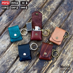 May include: A collection of leather lighter cases in various colors, including teal, black, brown, and tan. Each case has a snap closure and a keyring. The image also shows a lighter and the text "Noble Leather Art".