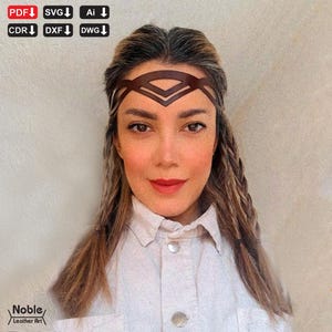 May include: A brown leather headband with a geometric design. The headband is worn on the head. The image also includes the text "PDF", "SVG", "Ai", "CDR", "DXF", and "DWG" with downward arrows, and the text "Noble Leather Art".