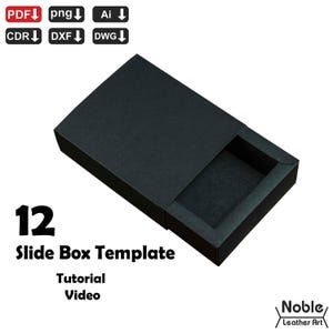 以下が含まれることがあります： 「12 Slide Box Template」と「Tutorial Video」のテキストが入った黒いスライドボックスのテンプレート。ボックスは開いており、内部が明らかになっています。画像には、PDF、PNG、AI、CDR、DXF、DWGのファイルタイプアイコンも含まれています。