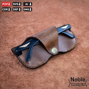 May include: A brown leather glasses case with a snap closure, holding a pair of black sunglasses with gold accents. The case is on a brown surface. The image also includes text that says "PDF, SVG, Ai, CDR, DXF, DWG". The text "Noble Leather Art" is also visible.