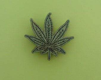 Green Cannabis Magnet, Engraved Wood
