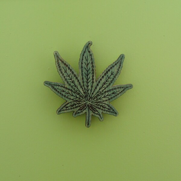 Green Cannabis Magnet, Engraved Wood