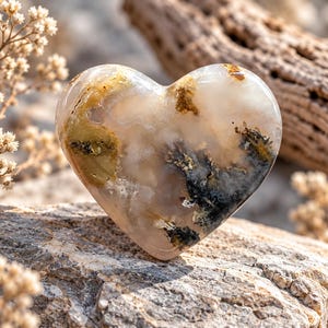 Puede incluir: Una piedra pulida en forma de corazón con una base blanca lechosa y translúcida, que presenta inclusiones complejas similares al musgo en tonos verde oscuro, marrón y negro, creando un patrón orgánico único en toda la superficie lisa.