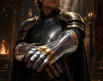 Medieval Gothic Gauntlets, Steel Knight Armor Gloves with Brass Accents for LARP Cosplay Reenactment