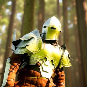 May include: A person wearing medieval armor, including a silver helmet and green and silver chest plate. The armor is worn over a brown padded garment. The background is a forest with tall trees.