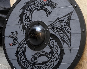 Norse Dragon Round Shield, Hand Painted Medieval Wooden Viking Armor Decor