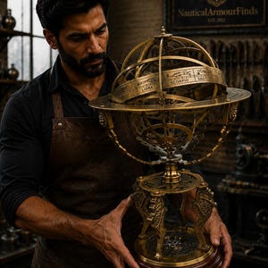 Antique Brass Armillary Sphere Globe, Nautical Astrolabe Zodiac Decor Gift