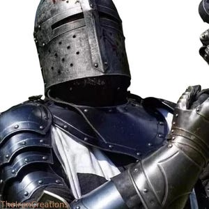 May include: A medieval knight's armor set, featuring a riveted steel helmet with a cross-shaped visor and a matching breastplate and gauntlets. The armor is dark gray with a weathered appearance, and a white and black cross is visible on the chest.