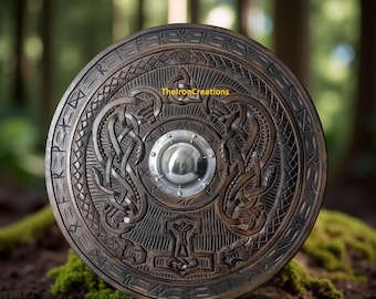 Engraved Wooden Viking Shield, Nordic Wall Hanging, Warrior Decor Replica, Halloween Cosplay, Larp