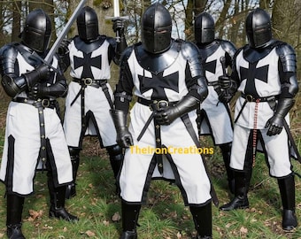 Zestaw średniowiecznej czarnej zbroi templariuszy – pełny strój rycerski na cosplay, LARP i imprezy kostiumowe