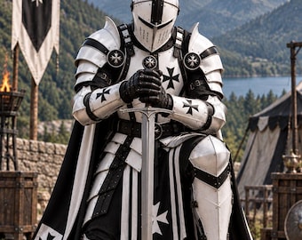 Barbuta Armor Set, Medieval Knight Costume, Black-White Cross Design (LARP, Cosplay)