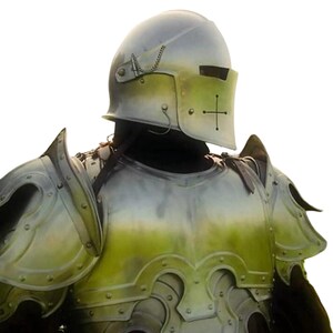 May include: A medieval-style suit of armor, featuring a helmet with a cross design and a visor. The armor has a silver and green color scheme, with detailed metalwork and shoulder guards. The image includes the text "TheIronCreations".