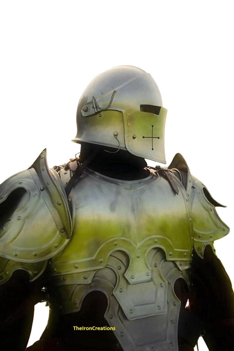 May include: A medieval-style suit of armor, featuring a helmet with a cross design and a visor. The armor has a silver and green color scheme, with detailed metalwork and shoulder guards. The image includes the text "TheIronCreations".