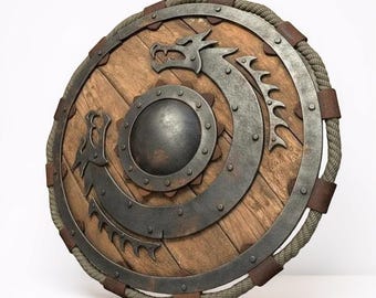 Viking Wooden Round Shield with Dragon Metal Art for Cosplay LARP