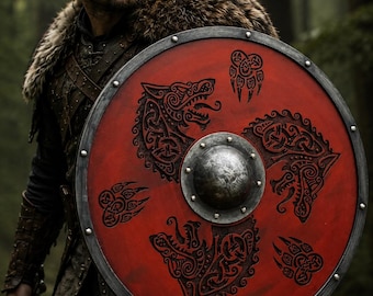 Viking Wolf Shield | Hand Engraved Red Norse Decor, Cosplay & LARP Prop