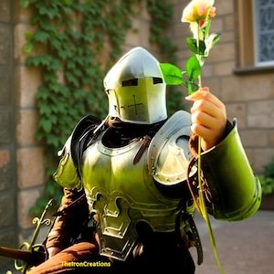 May include: A person in medieval armor, holding a rose. The armor is a metallic green color with a silver helmet featuring a cross. The rose has a yellow and pink bloom. The background includes a brick wall and greenery.
