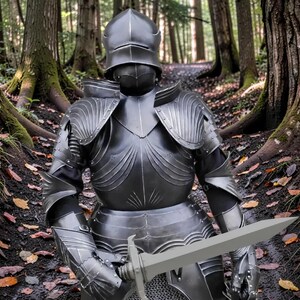May include: A full suit of medieval armor in a forest setting. The dark metal armor includes a helmet, chest plate, shoulder guards, arm and leg protection, and a sword. The armor is highly detailed with intricate designs and is worn by an unseen person.
