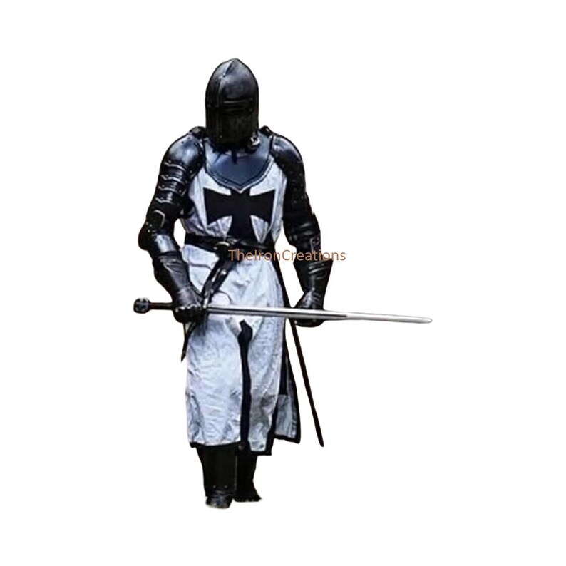May include: A full suit of medieval armor in black and white, including a helmet, chest plate, and leg coverings. The armor features a prominent black cross on the chest and is holding a long sword. The text "TheIronCreations" is visible.