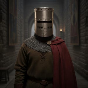 Op de afbeelding: Een metalen cilindrische helm met een horizontaal vizier en ventilatiegaten, gedragen over een maliënkolder. De outfit bestaat uit een bruine tuniek met een klein geborduurd embleem, een donkerrode mantel en een leren riem.
