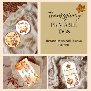 Puede incluir: Etiquetas imprimibles con temática de Acción de Gracias con ilustraciones otoñales. La imagen incluye pegatinas redondas con una ardilla y un zorro, una etiqueta con calabazas y una tarjeta con un oso. El texto incluye "Gracias" y "Agradecido por ti."