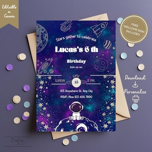 Puede incluir: Una invitación de cumpleaños con temática espacial. La invitación presenta un fondo de galaxia azul oscuro y púrpura con estrellas, planetas y una ilustración de cohete. El texto incluye "Lucas's 6th Birthday" y los detalles del evento.