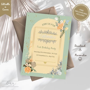 Floral Arch Birthday Invitation Template, Elegant Mint Green Peach Gold Invite, Editable Canva Floral Invitation, Any Age Digital Invite