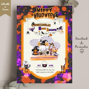 Puede incluir: Invitación a una fiesta de Halloween con temática espeluznante. El diseño presenta el texto "Happy Halloween" y "A Spooktacular Night Awaits!" con ilustraciones de fantasmas, calabazas y arañas. La invitación incluye la fecha, la hora y la información de RSVP.