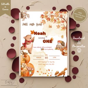 Puede incluir: Una invitación de cumpleaños con temática otoñal con el texto "Fall into fun!" y "Noah is turning ONE." El diseño incluye ilustraciones de un oso, calabazas, un zorro y un erizo. La invitación es editable en Canva.
