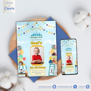 Puede incluir: Una plantilla de invitación de cumpleaños con temática Candy Land, fondo de cielo azul claro, banderines coloridos, marco central para fotos y texto que incluye Welcome to Candy Land, Gael's 5th Birthday y detalles del evento, en una tarjeta y un móvil.