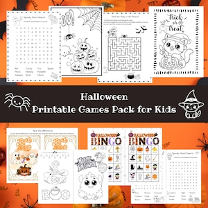 May include: A collection of Halloween-themed printable games for kids. The pack includes word searches, mazes, bingo cards, and spot-the-difference activities. The games feature illustrations of pumpkins, ghosts, cats, and other spooky elements. The text "Halloween Printable Games Pack for Kids" is visible.