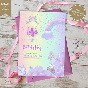 Unicorn Birthday Invitation for Girls | Rainbow Unicorn Party Invite | Pastel Birthday Theme | Editable Canva Template | Instant Download