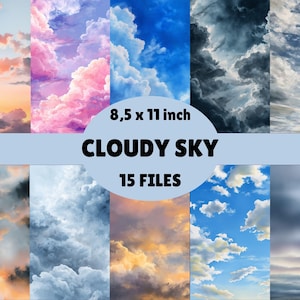 Cloudy Sky aquarel digitale papierbundel – 15 dromerige atmosferische texturen, zachte wolkenachtergronden, commerciële licentie, wolken en luchtafbeeldingen