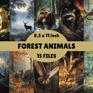 Waldtiere Digitales Papier-Bundle - 15 bezaubernde Waldtierbilder, von der Natur inspirierte realistische Waldtiere, digitales Scrapbooking