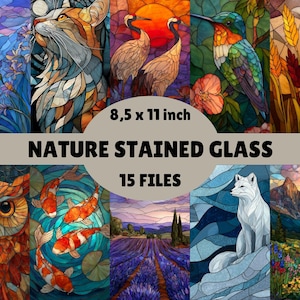 Bundle de papier numérique pour vitrail nature - 15 motifs de mosaïque dynamiques, arrière-plans imprimables, animaux et nature, téléchargement numérique