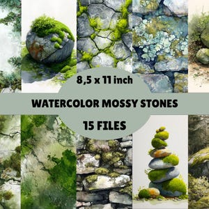 Lot de 15 illustrations de roches moussues numériques aquarelle, textures de galets de mousse douce, licence commerciale, roche de mousse verte