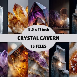 Crystal Cavern デジタルペーパーバンドル – 15種類のマクロクリスタルテクスチャ、きらめく宝石の背景、ジャンクジャーナルスクラップブック用のクリスタル画像