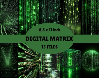 Pacote de Papéis Digitais Matrix – 15 Texturas PNG de Ficção Científica (Download Digital)